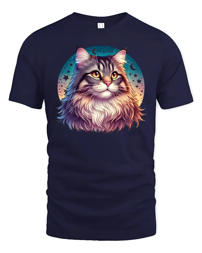 Majestic Cat Tee Artistic Feline Sunset Design - navy t-shirt on white background