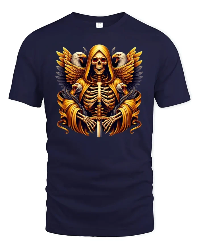 Golden Reaper Tee Skeleton Eagle Warrior Design - navy t-shirt on white background