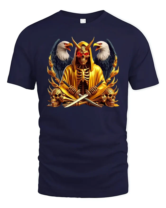 Golden Samurai Reaper Tee Skeleton Eagle Warrior - navy t-shirt on white background