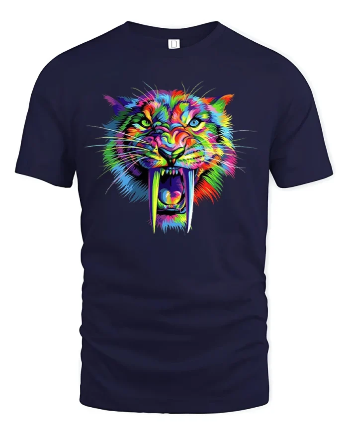 Neon Tiger Tee Vibrant Wild Cat Jungle Art Style - navy t-shirt on white background