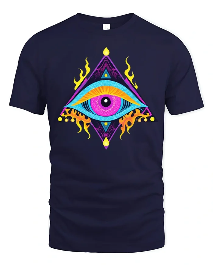 Flaming Eye Triangle Tee Psychedelic Vision Art - navy t-shirt on white background
