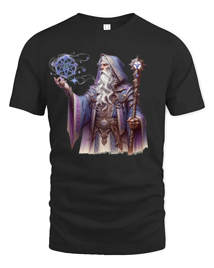 Mystic Wizard Tee Fantasy Magic Sorcerer Design - black t-shirt on white background