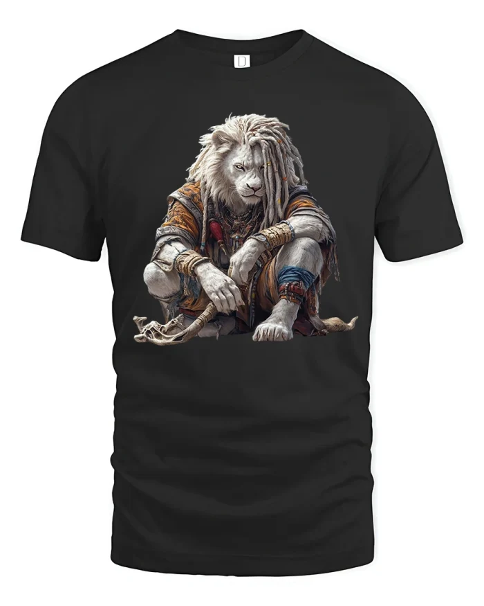 White Lion Warrior Tee Tribal Fantasy Animal Art - black t-shirt on white background
