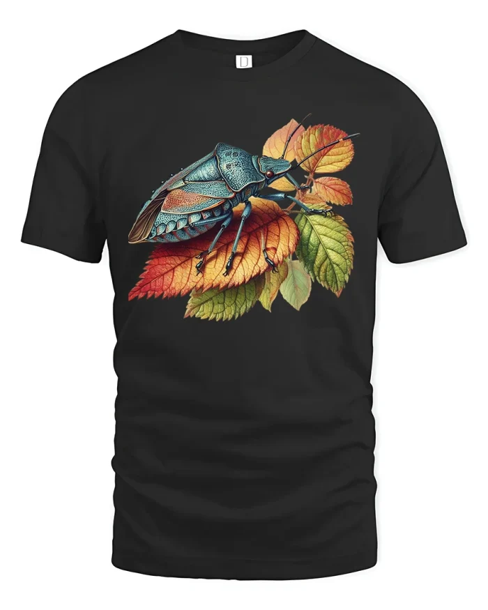 Colorful Beetle Tee Nature Insect Leaf Art Shirt - black t-shirt on white background