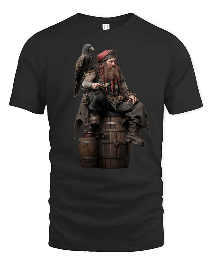 Pirate Captain Tee Bearded Sailor and Parrot Art - black t-shirt on white background