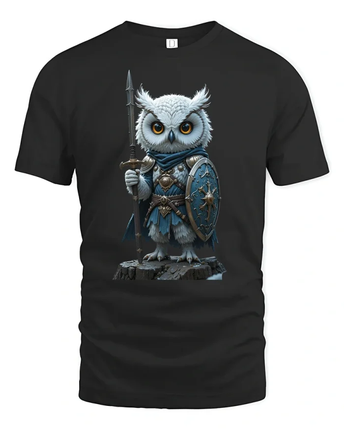 Warrior Owl Tee Fantasy Knight Bird Armor Design - black t-shirt on white background