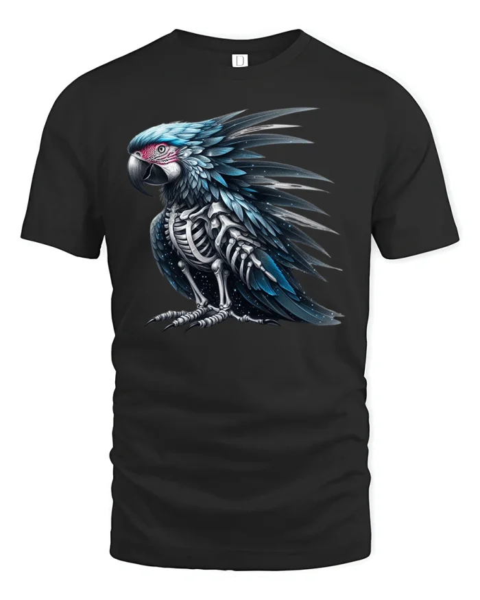 Skeleton Parrot Tee Fantasy Bird Dark Art Design - black t-shirt on white background