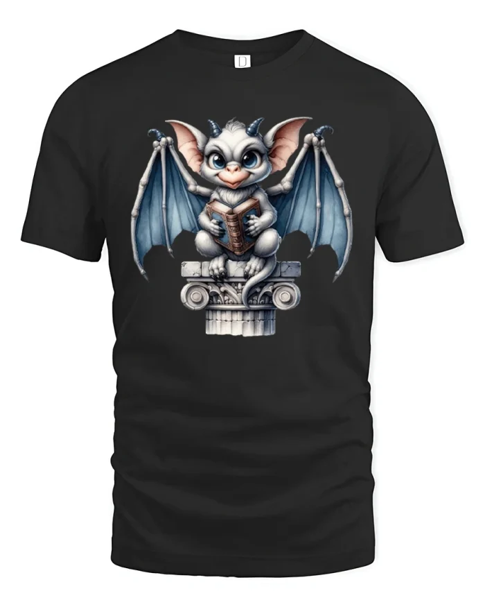 Cute Gargoyle Tee Reading Bat Fantasy Art Design - black t-shirt on white background
