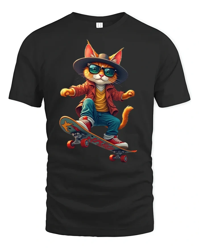 Skateboard Cat Tee Cool Street Style Animal T-Shirt - black t-shirt on white background
