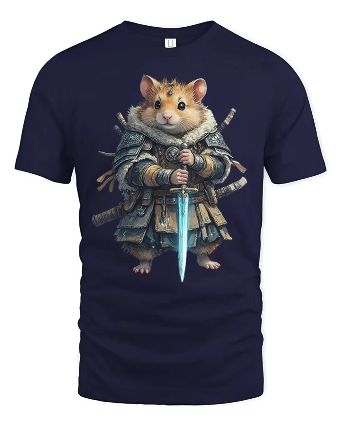Brave Hamster Warrior Tee Fantasy Animal Art Shirt - navy t-shirt on white background