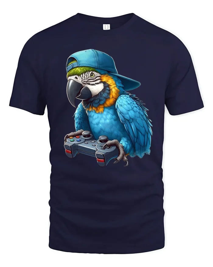 Gamer Parrot Tee Funny Bird Playing Video Games - navy t-shirt on white background