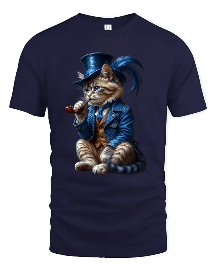 Gentleman Cat Tee Vintage Pipe Art Funny T-Shirt - navy t-shirt on white background