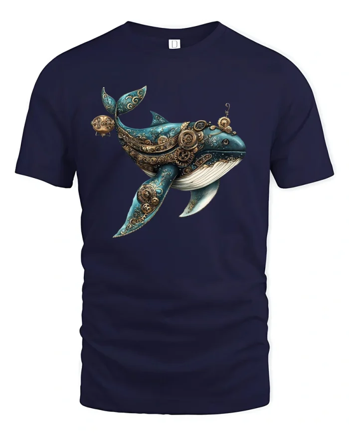 Steampunk Whale Tee Vintage Mechanical Ocean T-Shirt - navy t-shirt on white background
