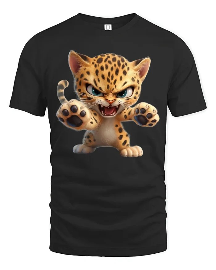 Cute Fierce Leopard Cub Attack Pose Cartoon Graphic T-Shirt Tee - black t-shirt on white background