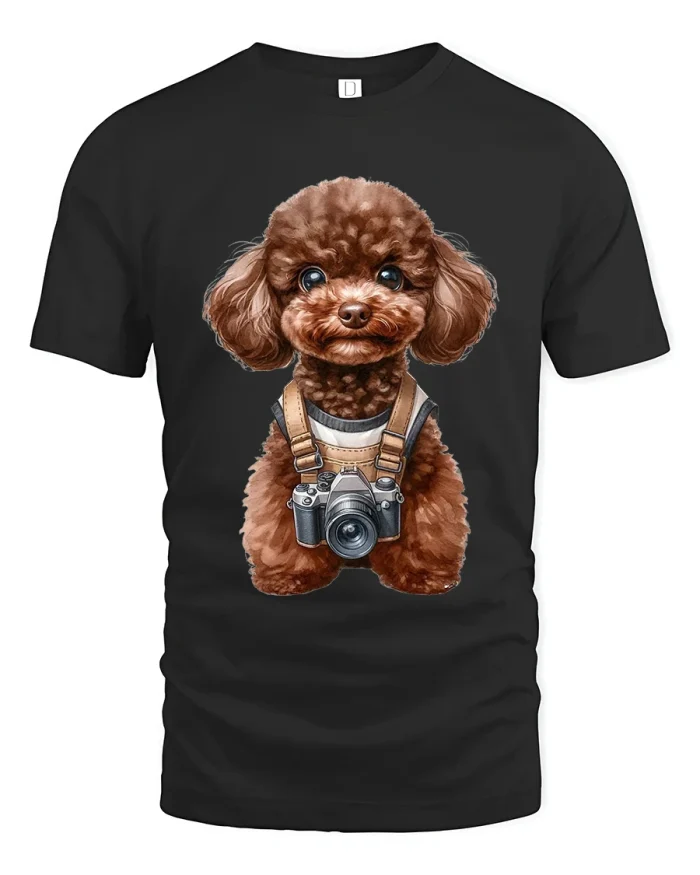 Cute Photographer Poodle Dog Camera Cartoon Graphic T-Shirt Tee - black t-shirt on white background