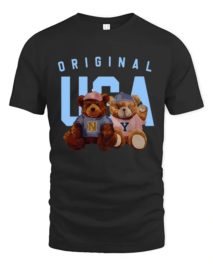 Original USA Teddy Bears College Style Cute Graphic T-Shirt Tee - black t-shirt on white background
