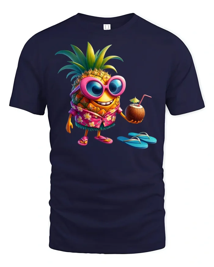 Funny Pineapple Vacation Tee with Tropical Party Character - navy t-shirt on white background
