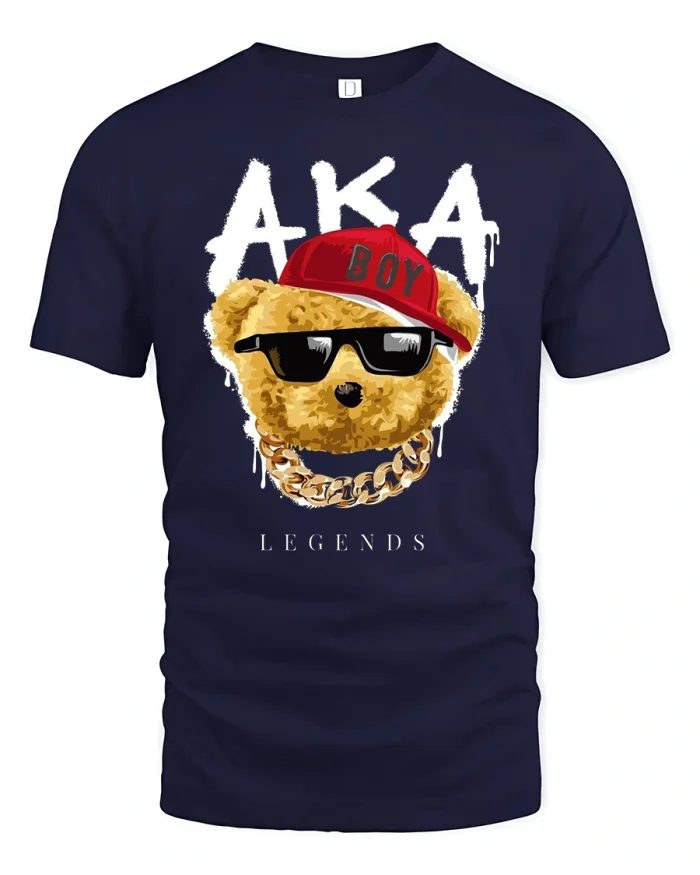 Hip Hop Teddy Bear Legends Tee with Cool Shades and Cap - navy t-shirt on white background