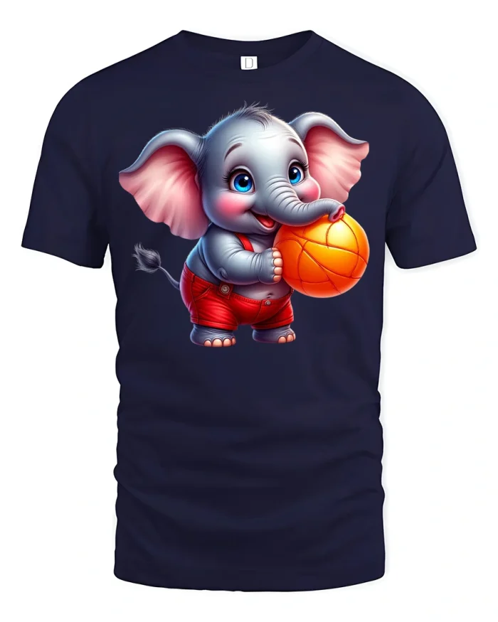 Cute Baby Elephant Basketball Tee for Kids and Animal Lovers - navy t-shirt on white background