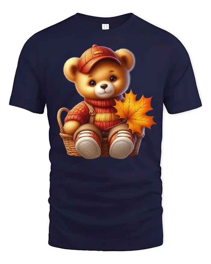 Autumn Teddy Basket Tee Cute Fall Bear Graphic T-Shirt - navy t-shirt on white background
