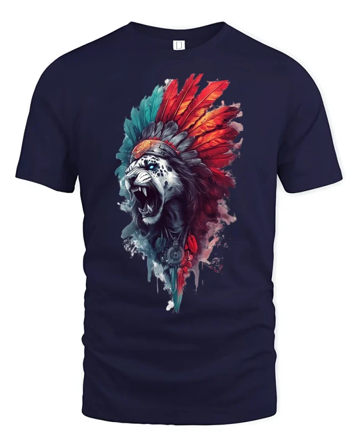 Warrior Lion Tee Fierce Tribal Headdress Spirit Art Tshirt - navy t-shirt on white background