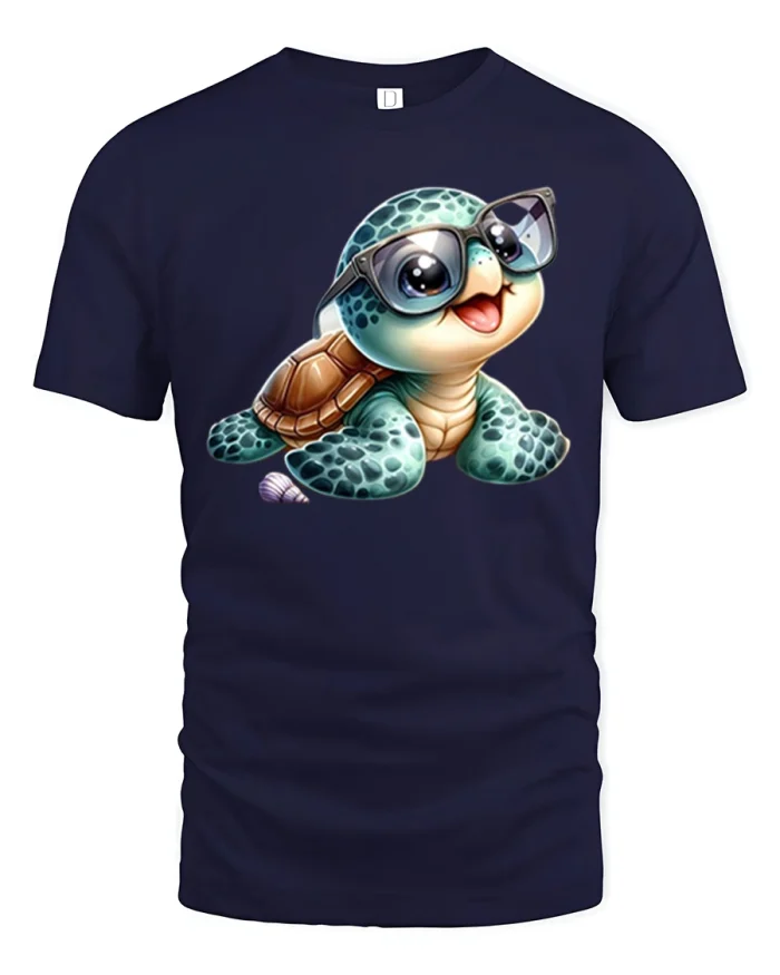 Cute Turtle Glasses Tee Adorable Ocean Baby Turtle Tshirt - navy t-shirt on white background