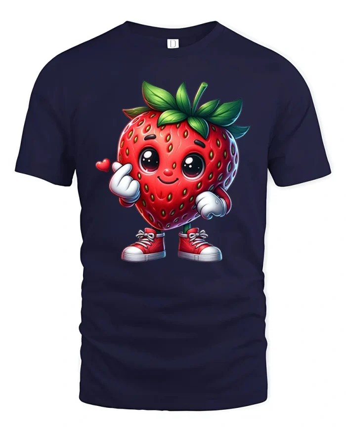 Cute Strawberry Character Tee Sweet Kawaii Fruit Tshirt - navy t-shirt on white background
