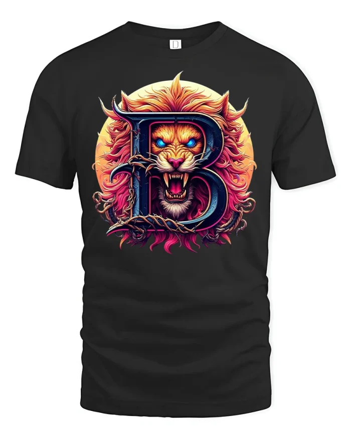Fierce Lion Letter B Graphic T-Shirt Bold Style - black t-shirt on white background