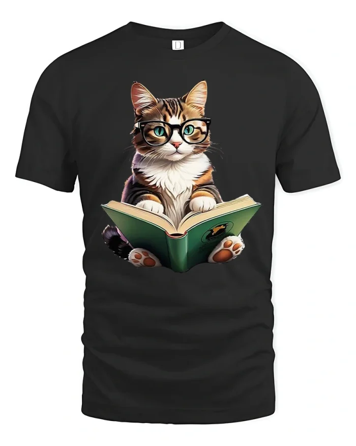 Cute Reading Cat Graphic T-Shirt Funny Book Lover Tee - black t-shirt on white background