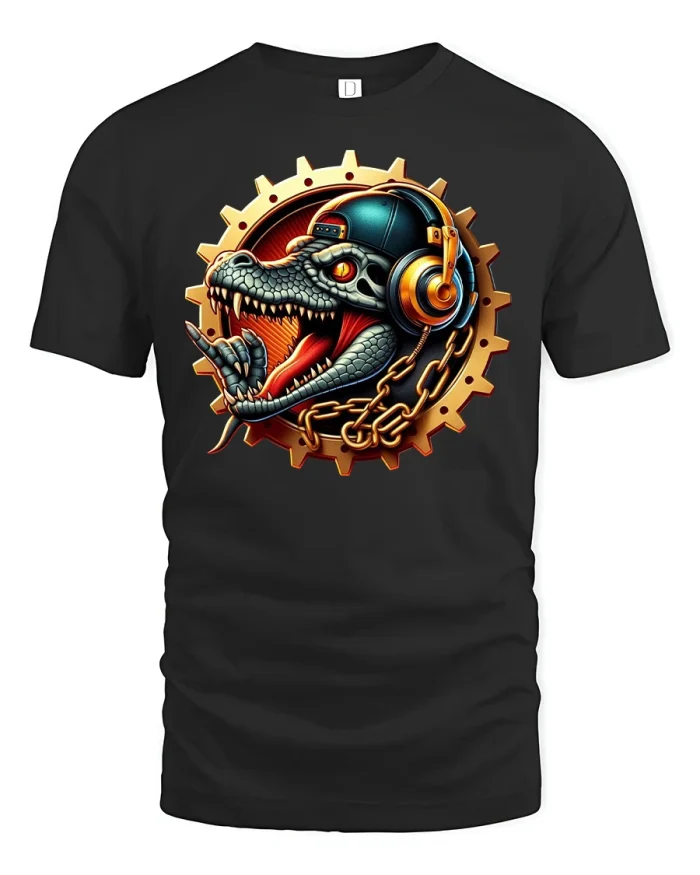 Cool Dino DJ Headphones T-Shirt Rock Music Style - black t-shirt on white background