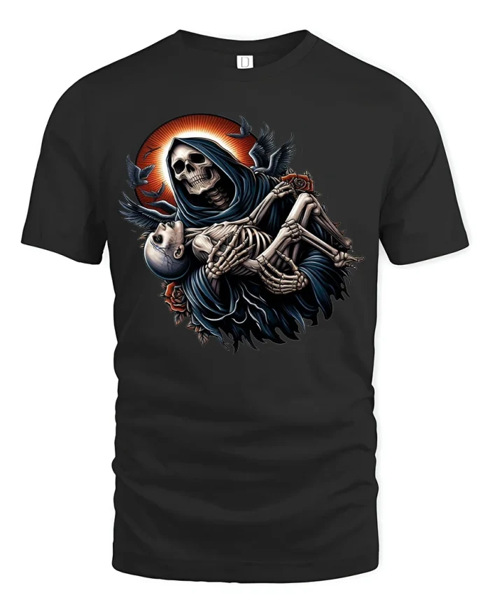 Grim Reaper Holding Skeleton Gothic Art T-Shirt - black t-shirt on white background
