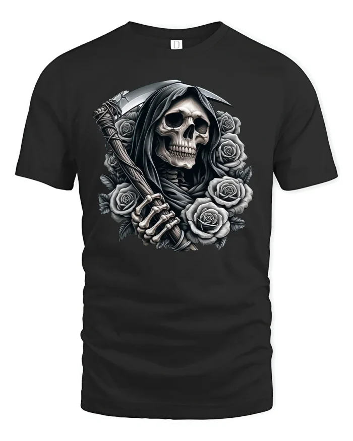 Grim Reaper Roses T-Shirt Gothic Skull Art Style - black t-shirt on white background