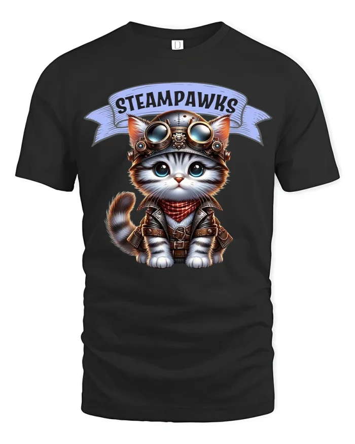 Steampunk Cat T-Shirt Cute Steampawks Kitty Tee - black t-shirt on white background