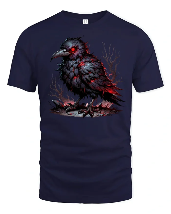 Dark Raven Red Eyes Gothic T-Shirt Horror Style - navy t-shirt on white background