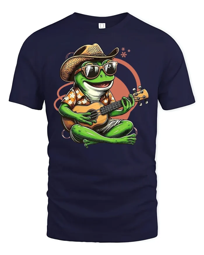 Cool Frog Playing Guitar T-Shirt Funny Summer Style - navy t-shirt on white background