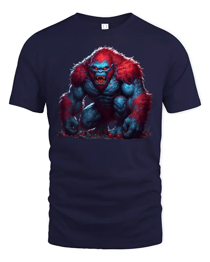 Fierce Monster Gorilla T-Shirt Red Blue Beast Style - navy t-shirt on white background