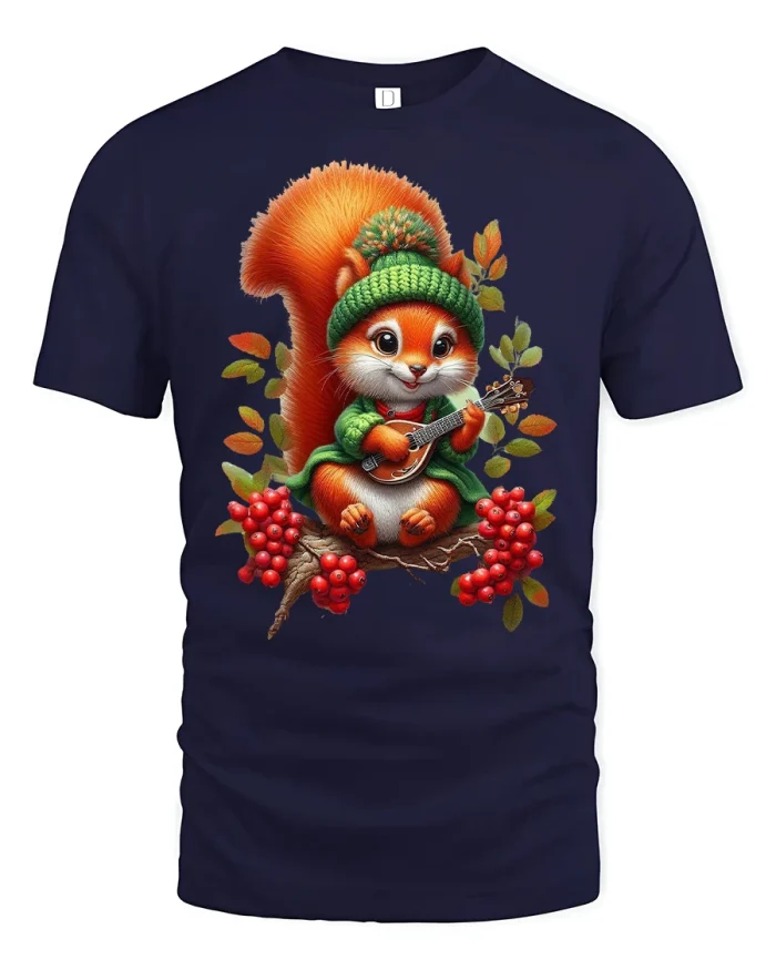 Cute Squirrel Playing Guitar T-Shirt Fall Forest Tee - navy t-shirt on white background