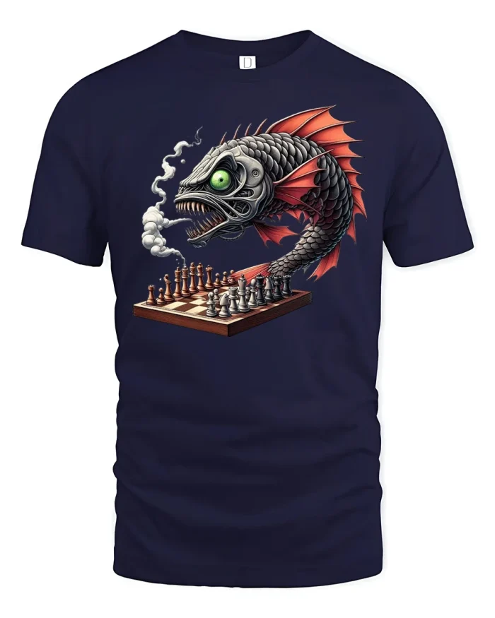 Monster Fish Chess Battle T-Shirt Funny Gamer Style - navy t-shirt on white background