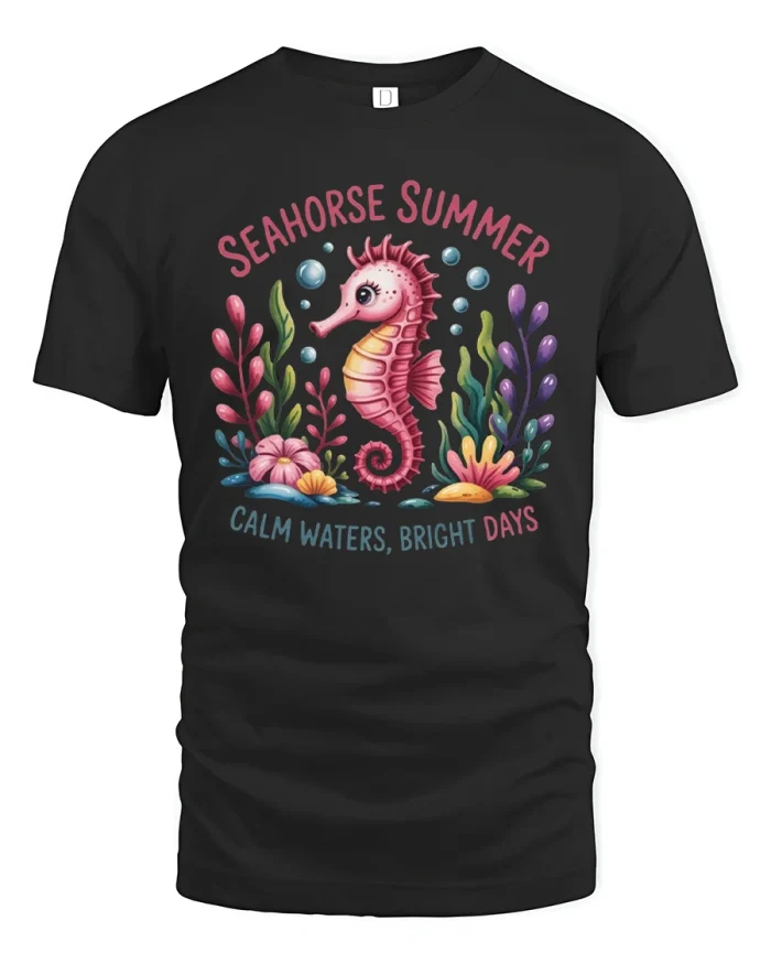 Seahorse Summer T-Shirt Calm Waters Bright Days Tee - black t-shirt on white background