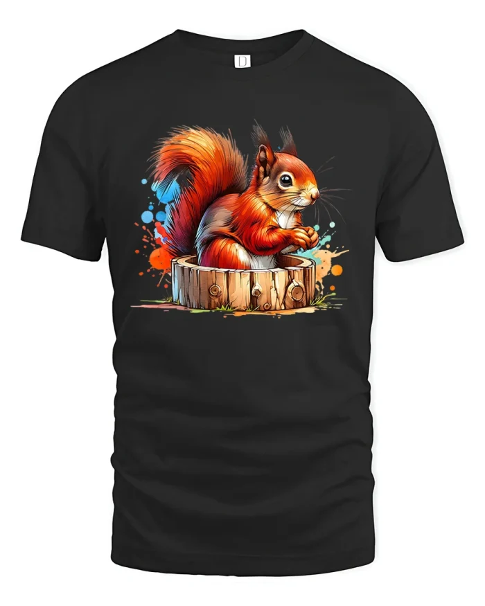 Cute Squirrel T-Shirt Color Splash Woodland Style Tee - black t-shirt on white background