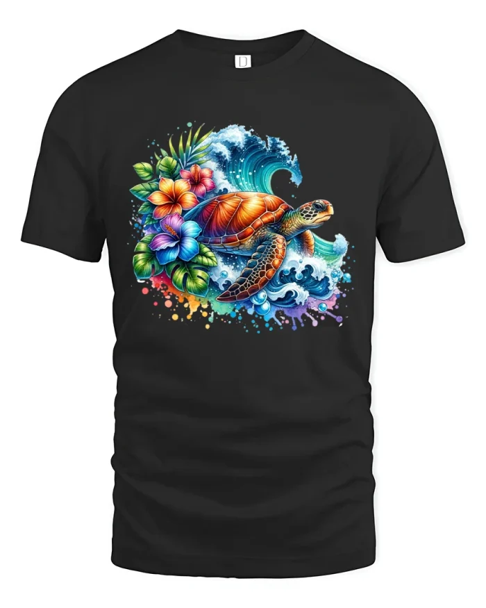 Tropical Sea Turtle T-Shirt Ocean Wave Floral Art - black t-shirt on white background