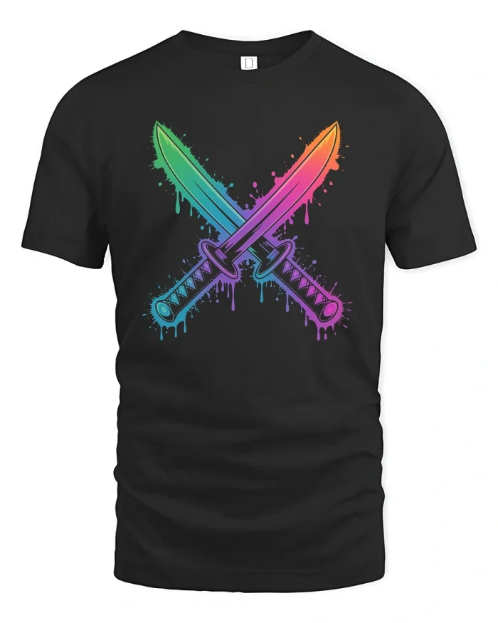Neon Samurai Swords T-Shirt Colorful Warrior Style - black t-shirt on white background