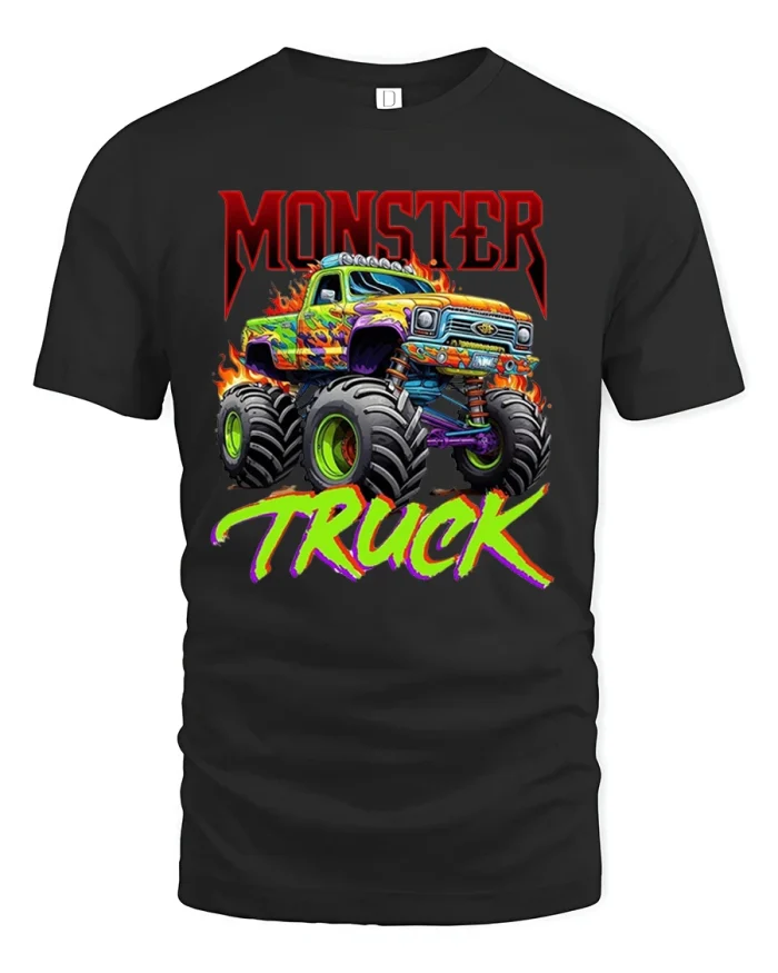 Monster Truck T-Shirt Retro Flame Power Graphic Tee - black t-shirt on white background