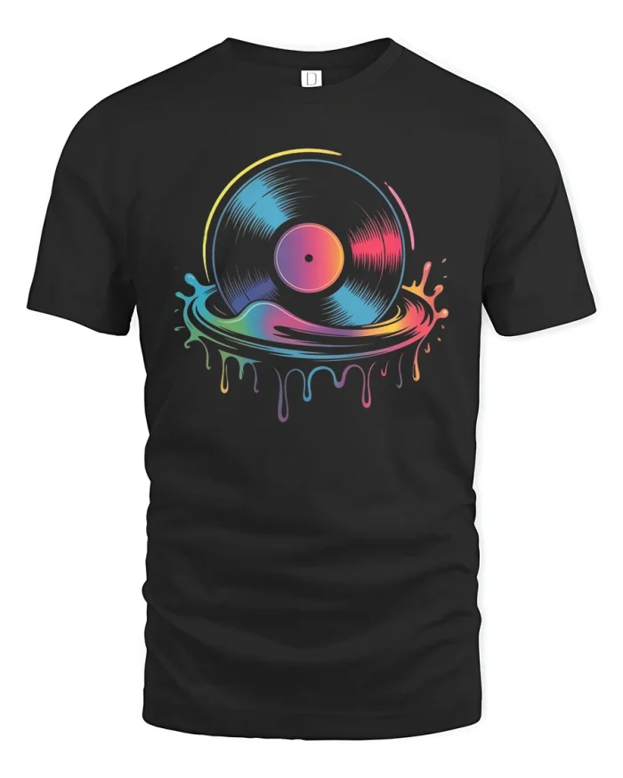 Retro Vinyl Record T-Shirt Color Splash Music Art - black t-shirt on white background