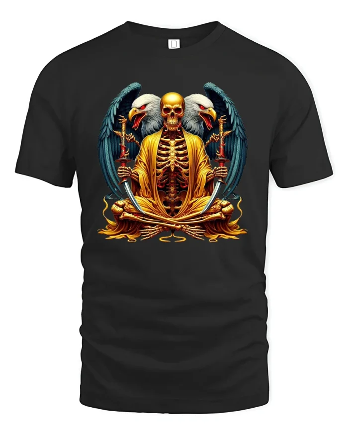 Golden Skull Warrior T-Shirt Dual Eagle Samurai Art - black t-shirt on white background