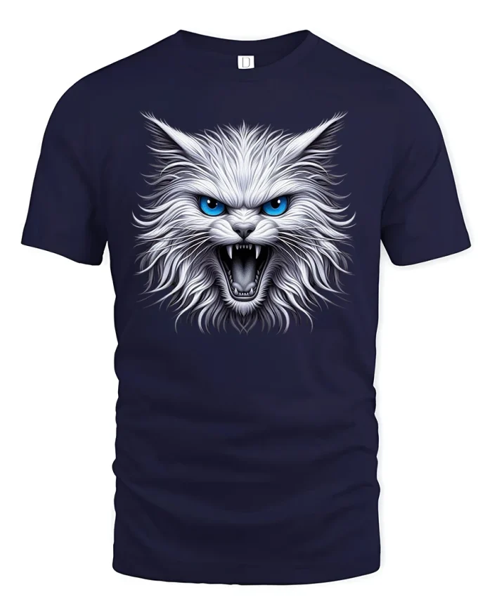 Fierce Cat T-Shirt Angry Blue Eye Wild Animal Tee - navy t-shirt on white background