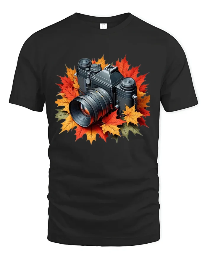 Autumn Camera Art Tshirt Cozy Photographer Creative Style - black t-shirt on white background
