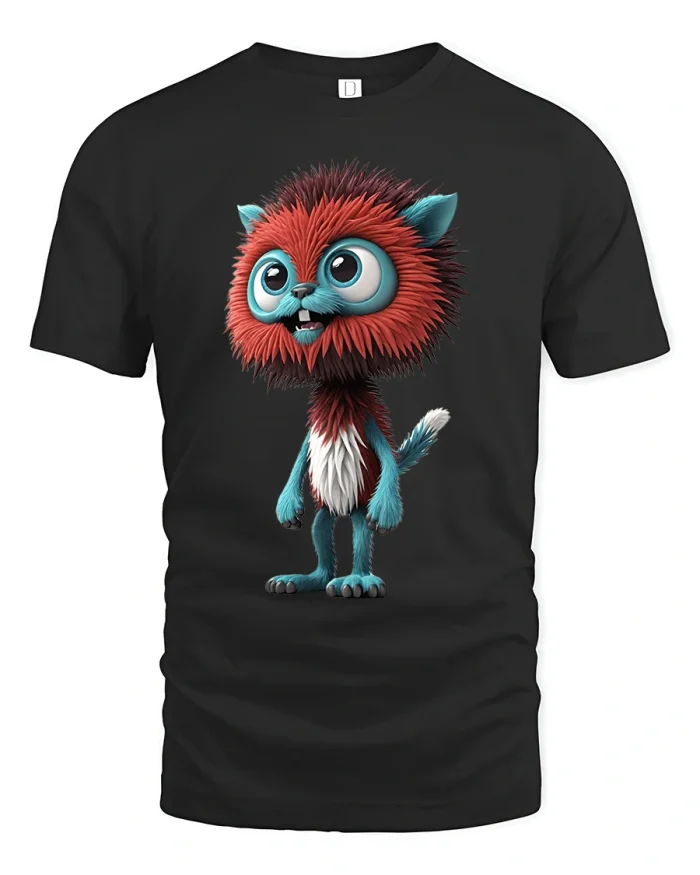 Cute Fluffy Monster Character Tshirt Whimsical Cartoon Art Style - black t-shirt on white background