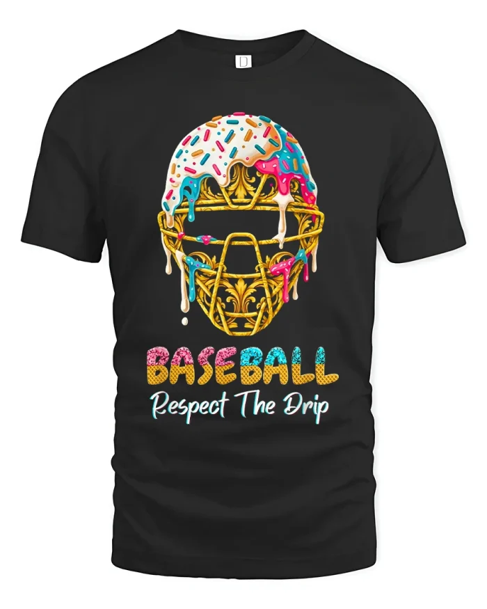 Baseball Respect The Drip Candy Helmet Tshirt Bold Fun Style - black t-shirt on white background