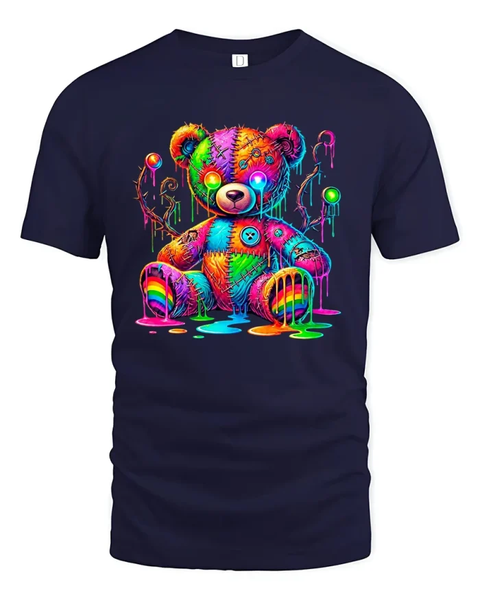Trippy Rainbow Teddy Bear Art Tshirt Melting Neon Cute Chaos - navy t-shirt on white background